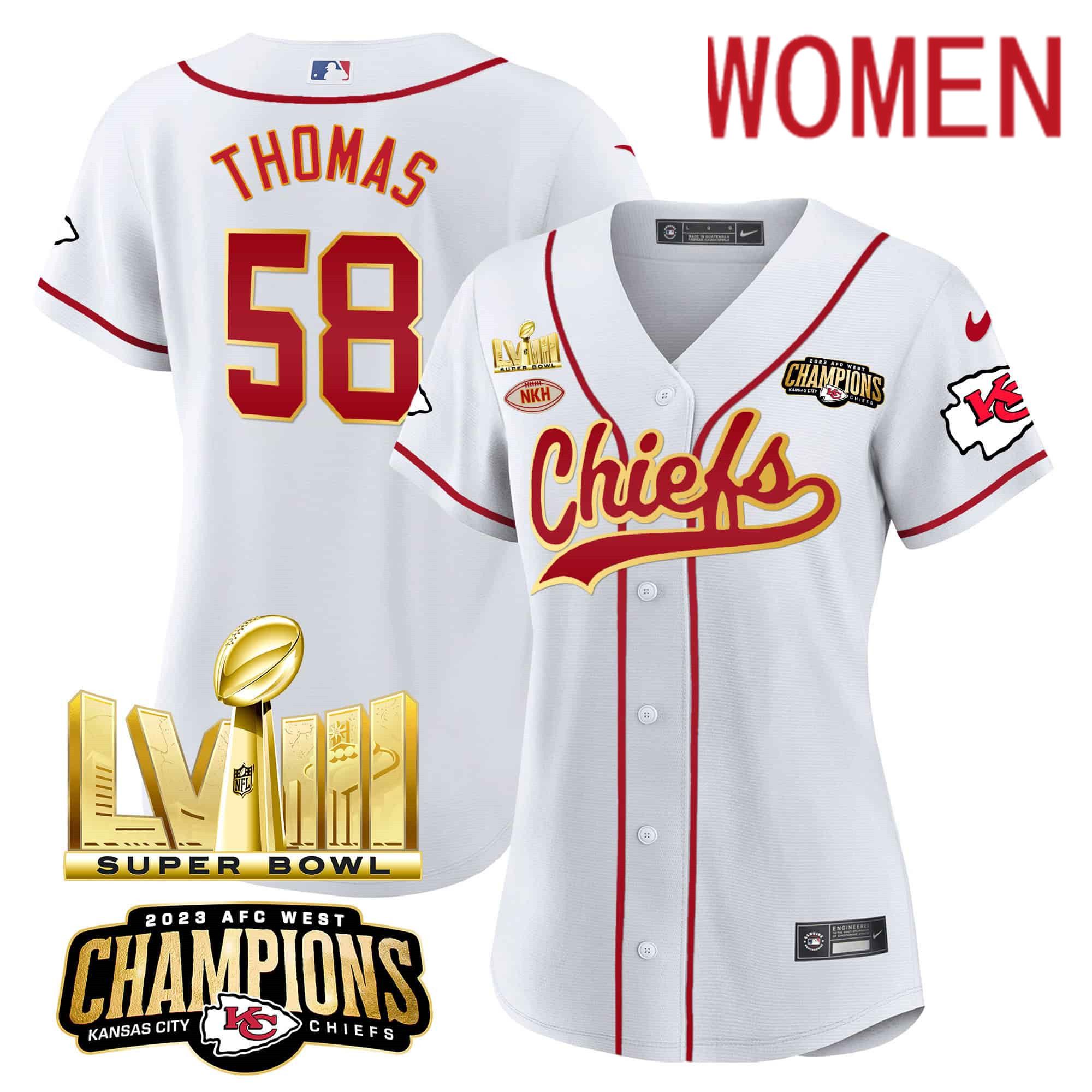 Women Kansas City Chiefs #58 Thomas White 2024 Nike Super Bowl LVIII Back-2-Back Gold Patch Baseball NFL Jersey->women nfl jersey->Women Jersey